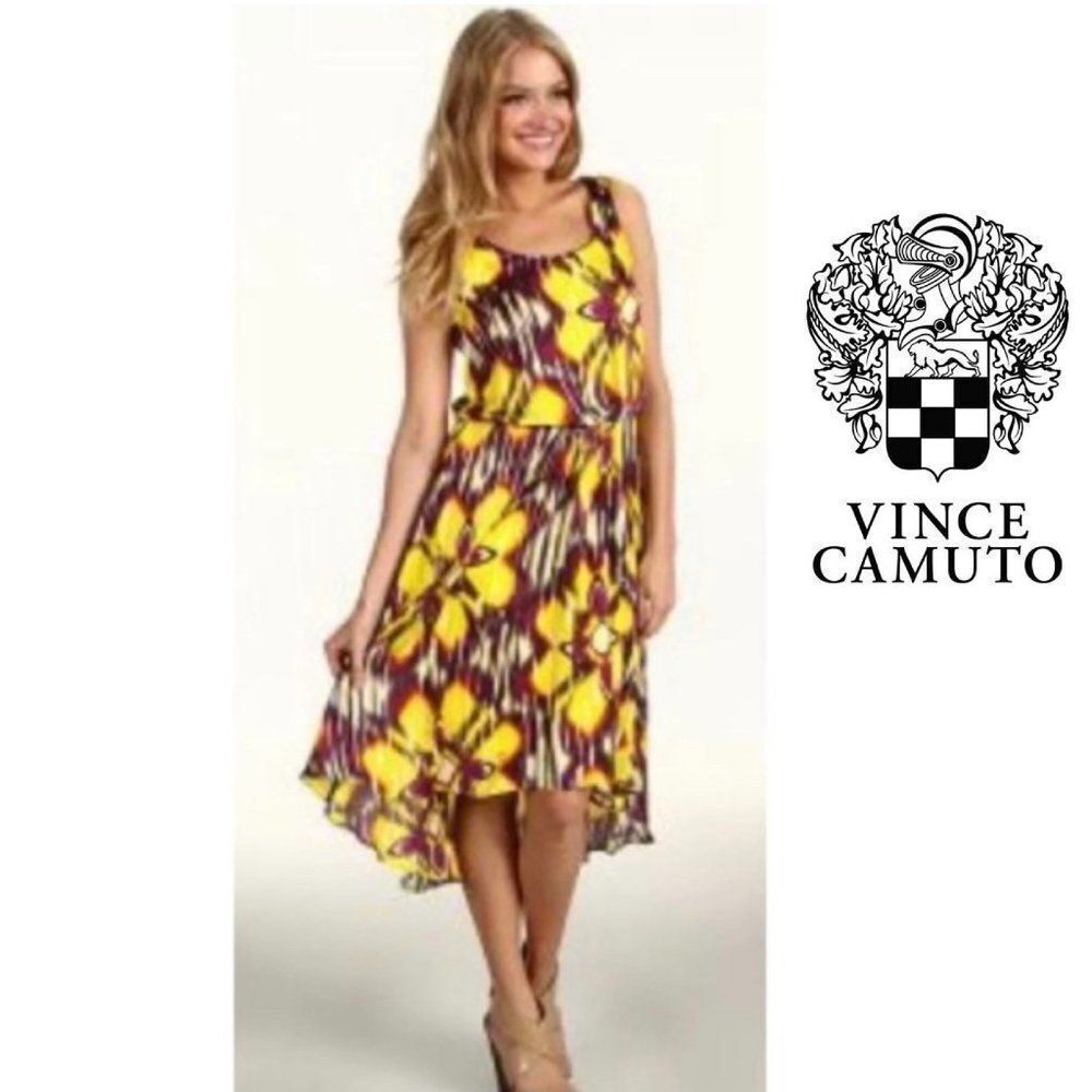 𝅺VINCE Camuto yellow purple hi-low sleeveless dress sz 2
